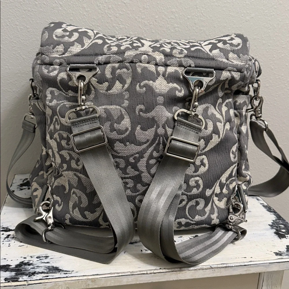 Petunia Pickle Bottom Boxy Backpack Diaper Bag Gray Damask Travel Hospital ~ EUC